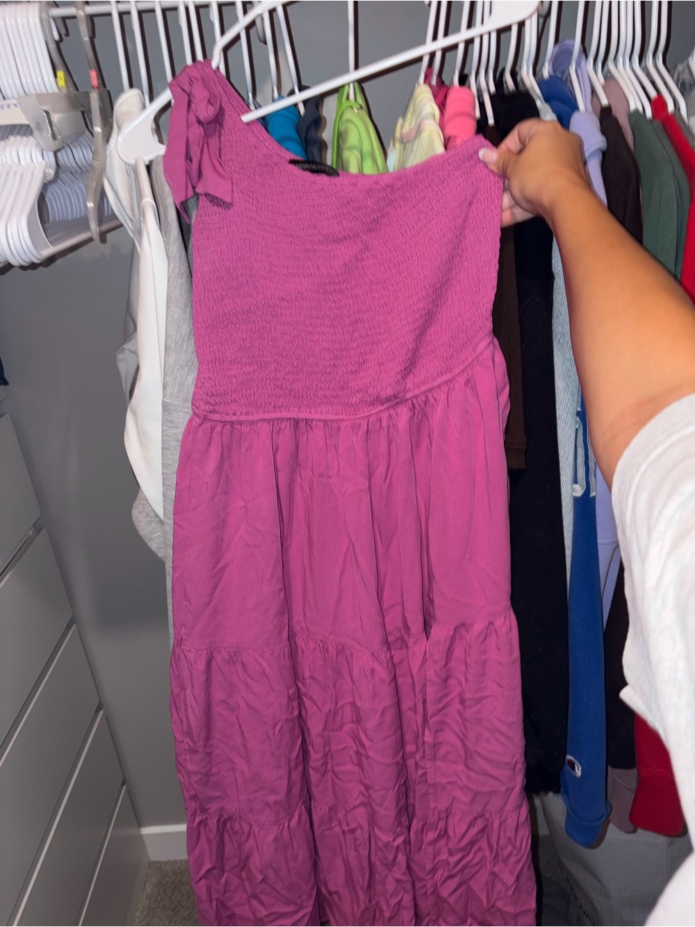 One-Shoulder Smocked Maxi Dress in Magenta